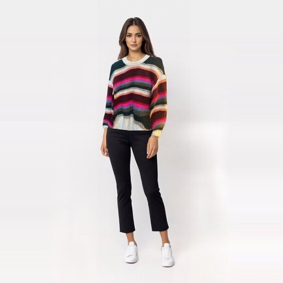 American Eagle‎ Sweater Multicolor Striped Cropped Crew Neck Cozy Boho Size M - Picture 1 of 7